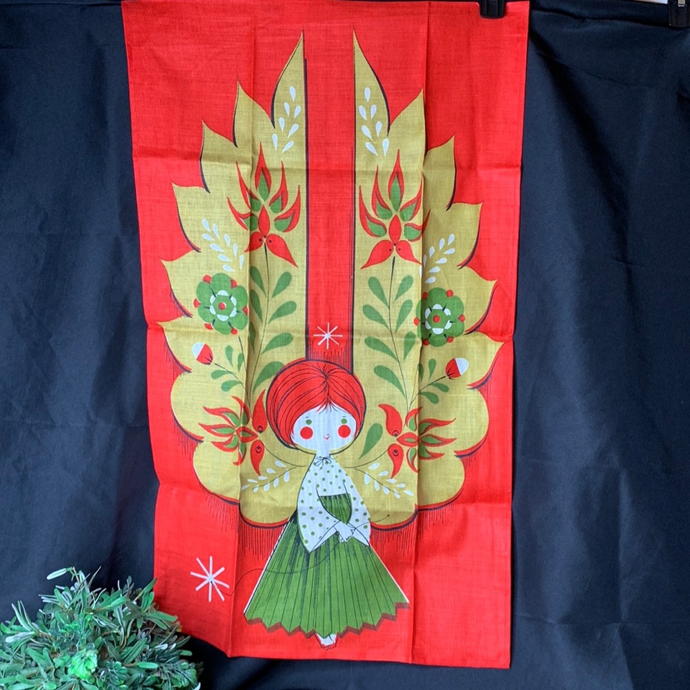 Vintage 1960’s red Fallini and Cohn Christmas Angel linen tea towel